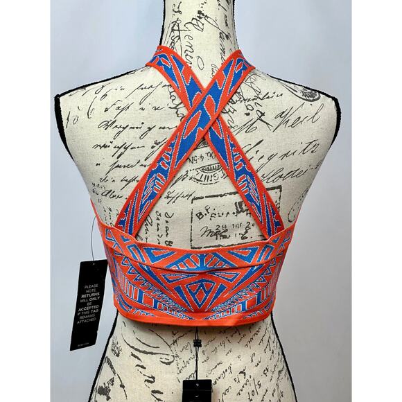 BCBGMaxAzria Katiya Crop Top in an Orange/Blue Geometric Print L - Picture 7 of 10